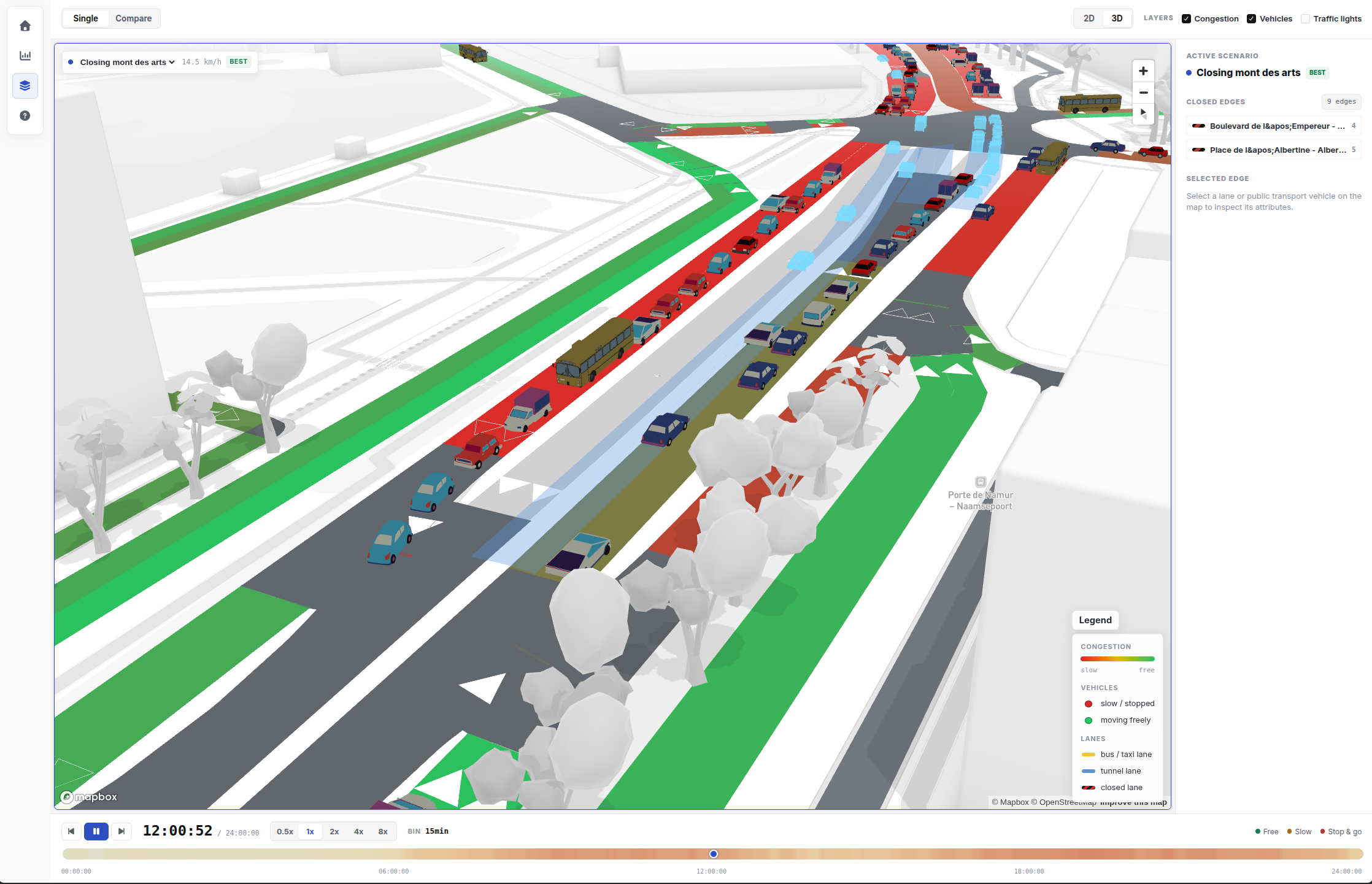 Traffic planning dashboard with city roads, route lines, and comparison panels